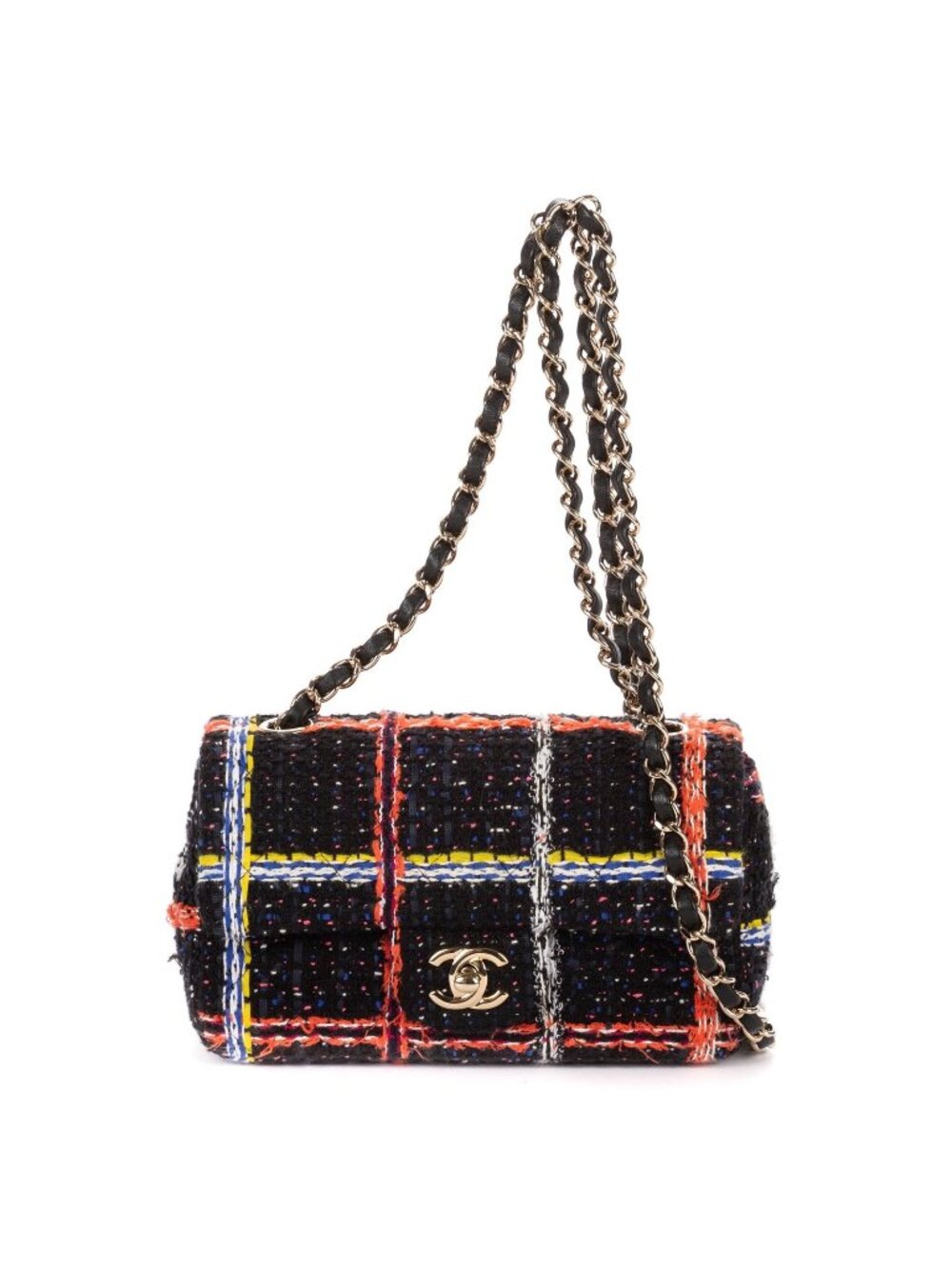 Chanel 19 Flap Chain Cross Belt Bag Black Multicolor Quilted Tweed